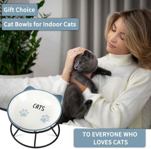 Cat Bowls for Indoor Cats, Elevated Cat Bowl with Metal Stand Raised Ceramic Cat Dish Whisker Friendly Pet Water or Food Feeding Cats, Kitten, Puppies and Small Dogs Dishwasher Safe, Cat Face in Kuwait
