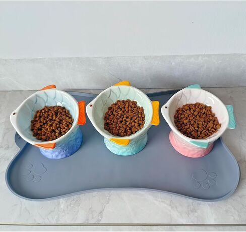 Raised Tilted Ceramic Cat Food Bowl - Cute Pink Fish Shape Elevated Slanted Shallow Angled Cat Dish - Personalized Pet Feeder for Kitty Dry Wet Treats Feeding - Ergonomic Anti Vomiting Whisker Fatigue in Saudi Arabia