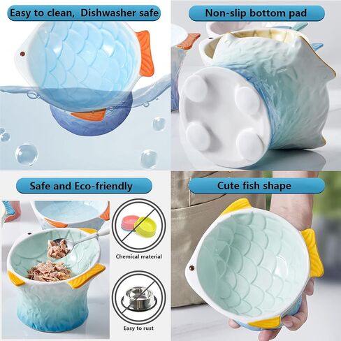 Raised Tilted Ceramic Cat Food Bowl - Cute Pink Fish Shape Elevated Slanted Shallow Angled Cat Dish - Personalized Pet Feeder for Kitty Dry Wet Treats Feeding - Ergonomic Anti Vomiting Whisker Fatigue in Saudi Arabia
