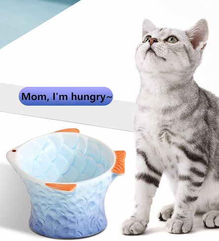 Raised Tilted Ceramic Cat Food Bowl - Cute Pink Fish Shape Elevated Slanted Shallow Angled Cat Dish - Personalized Pet Feeder for Kitty Dry Wet Treats Feeding - Ergonomic Anti Vomiting Whisker Fatigue in Saudi Arabia