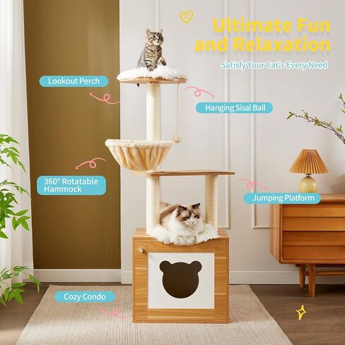 Made4Pets Modern Cat Tree for Large Cat, Wood Cat Tower Heavy Duty with Scratch Post for Indoor Big Cats, 51" Extra Tall Cat Condo Sturdy Frisco Castle with Clear Bowl for Kittens Maine Coon 20Lbs in Saudi Arabia