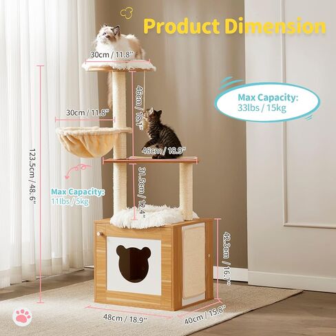 Made4Pets Modern Cat Tree for Large Cat, Wood Cat Tower Heavy Duty with Scratch Post for Indoor Big Cats, 51" Extra Tall Cat Condo Sturdy Frisco Castle with Clear Bowl for Kittens Maine Coon 20Lbs in Saudi Arabia