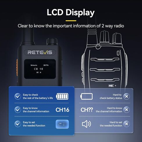 Retevis B3H Small Walkie talkies with LED Diaplay, New Version of RT22(3.0), Ultra Slim, USB-C Rechargeable, with 1620 mAh Battery, Portable FRS Two-Way Radios for Hotel School Restaurant (10 Pack) in Saudi Arabia