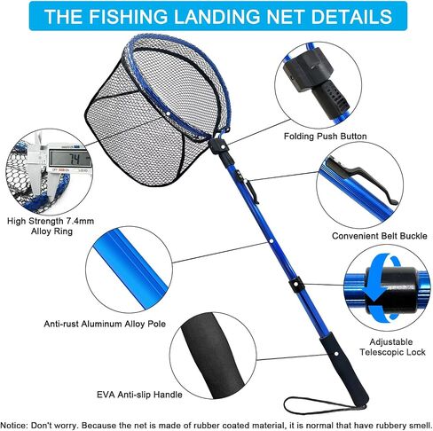 LBW Folding Rubber Fishing Net, Kayak Fishing Net for Saltwater or Freshwater, Collapsible Fishing Landing Net, Catfish, Bass, Trout Net, Compact Fishing Net with Handle in Saudi Arabia