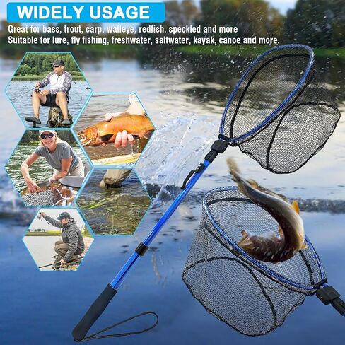 LBW Folding Rubber Fishing Net, Kayak Fishing Net for Saltwater or Freshwater, Collapsible Fishing Landing Net, Catfish, Bass, Trout Net, Compact Fishing Net with Handle in Saudi Arabia