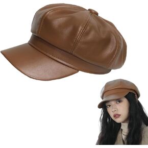huablo]PU Leather Newsboy Cabbie Winter hat for Women Beret Hat Paperboy Hat Cabbie Painter Cap 5P-BTmao-Black