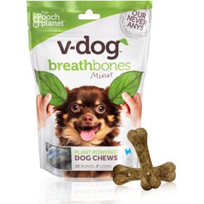 V-dog Dog Treats - Vegan Breathbone Teeth Cleaning Dental Dog Bones - Fresh Breath - 8 Ounces - All Natural - Made in USA - 6 Bones - 4" Long - Easy to Digest