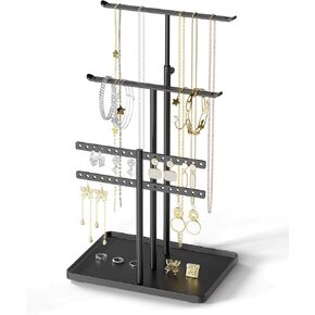 susswiff Jewelry Holder Organizer Stand - Adjustable Jewelry Tree 17.5" Height (Max), Jewlery Hanger for Necklaces, Bracelets, Earrings, Aesthetic for Storage and Display, Metal, Gold and White