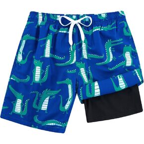 Cozople 4-10T Boys Swim Trunks with Compression Liner Beach Quick Dry Bathing Suit Boxer Brief Lined Swim Shorts Swimwear