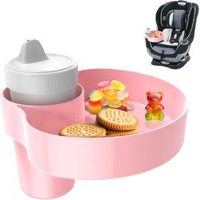 PPTSLID Car Seat Snack Tray: Travel Tray for Kids Carseat Cup Holder with Food Trays, Stroller Snacks Plate for Toddlers, Kid Road Trip Essentials, Pink