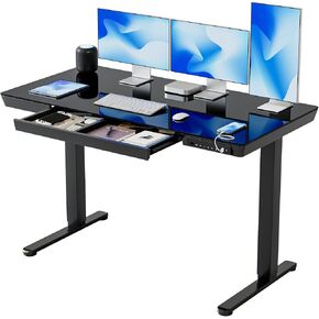 BANTI Electric Standing Desk with Drawers, 48 inch Whole-Piece Glass Desktop, Height Adjustable Stand up Sit Stand Home Office Ergonomic Workstation, Black Tabletop