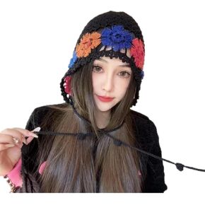 Crochet Granny Square Balaclava Face Women Boho Plaid Knitted Hoodie Hat