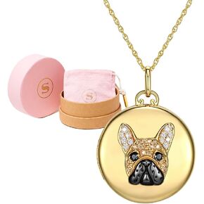 SCAMPER & CO French Bulldog Locket for Women, 18K Yellow Gold & Gunmetal Plated Sterling Silver, Jewelry for Dog Lovers, 18 inch + 2" extender, Sterling Silver, Cubic Zirconia