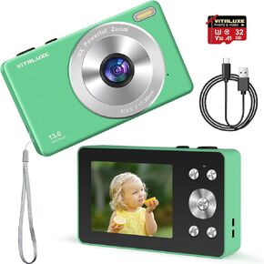VITALUXE Digital Camera, 4K Kids Camera Real 13MP Point and Shoot Digital Cameras with 32GB SD Card 16X Zoom, 2.83'' Portable Vintage Small Camera for Teens Students Kids Boys Girls Beginner Green