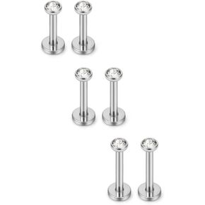Ruifan 4mm Round Clear CZ Gem Internally Threaded Labret Monroe Lip Ring Tragus Nail Helix Earring Stud Barbell Piercing Jewelry Bar 6-10mm 16G 6PCS
