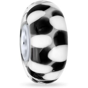 Mixed Set Of 4 or 6 Bundle .925 Sterling Silver Core Translucent Shades Of White Black Animal Spots Gold Specks Floral Murano Glass Charm Bead Spacer Fits European Bracelet For Women Teen