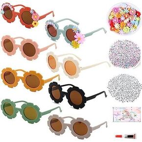 ZtohPyo 8 Pieces Kids Round Flower Sunglasses DIY Kit, Cute Flower Glasses for Toddler Girls with 208 Letter Beads 50 Daisy Slime Charms Glue for Outdoor Beach Eyewear Party Favor Gift