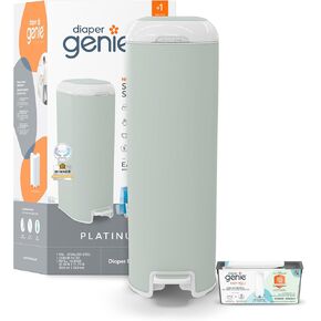 Diaper Genie Platinum Pail (Sage Green) is Made in Durable Stainless Steel and Includes 1 Easy Roll Refill with 18 Bags That can Last up to 5 Months.