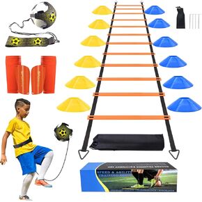 Soccer Training Equipment Kit, Soccer Accessories 12 Rung 20Ft Agility Ladder, 12 Soccer Cones, Soccer Trainer,Shin Guard&Sleeves - Practice Training Equipment Gifts for boy Girls