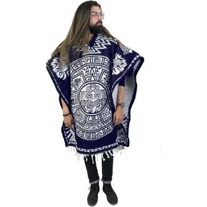 Leos Imports معطف غابان مكسيكي تقليدي ذو وجهين مع قلنسوة، تصميم تقويم أزتيك للجنسين مقاس واحد