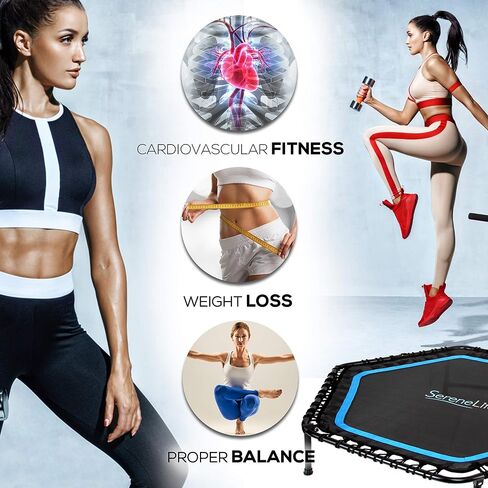 SereneLife Trampoline 40"/50" - in-Home Cardio Fitness Rebounder with Adjustable T-Bar Handle, Exercise Silent Heavy Duty Trampoline Bungee Rebounder for Adults, Fitness Trampoline for Workout Trainer in Saudi Arabia