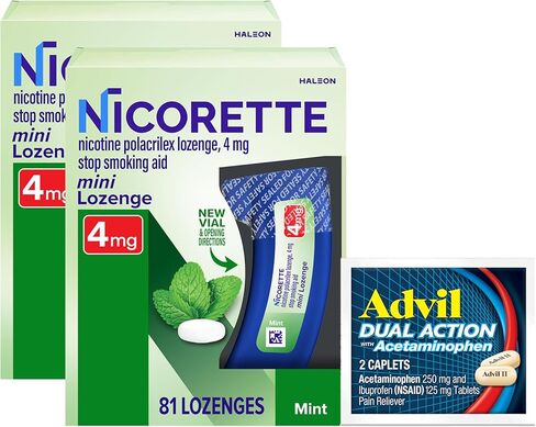 Nicorette 4 mg Mini Nicotine Lozenges to Help Stop Smoking - Mint Flavored Stop Smoking Aid, 2-Pack, 81 Count, Plus Advil Dual Action Coated Caplets with Acetaminophen, 2 Count in Kuwait