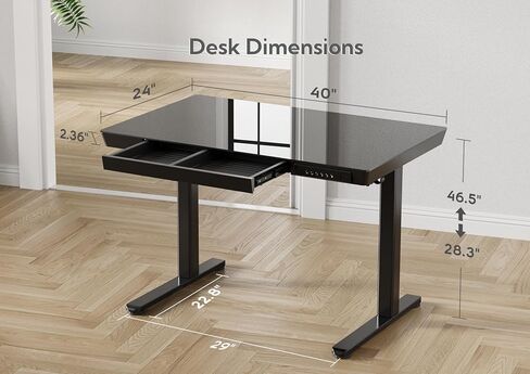 مكتب زجاجي مع أدراج، مكتب واقف قابل للتعديل مقاس 55 بوصة، مكتب كمبيوتر منزلي سريع التركيب مع منافذ USB، أسود in Kuwait