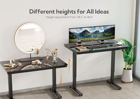 مكتب زجاجي مع أدراج، مكتب واقف قابل للتعديل مقاس 55 بوصة، مكتب كمبيوتر منزلي سريع التركيب مع منافذ USB، أسود in Kuwait