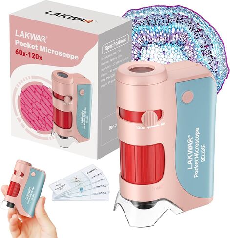 مجهر جيب LAKWAR للأطفال، مجهر صغير محمول 60x-120x مع 5 مجموعات شرائح مجهر، مجهر صغير للأطفال والطلاب والكبار ومختبر المدرسة المنزلية in Kuwait