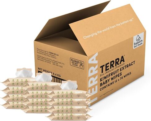 Terra Bamboo Water Baby Wipes: 99.7% Pure New Zealand Water, 100% Biodegradable Bamboo Fiber, 0% Plastic, Unscented Baby Wipes for Sensitive Skin, 12 Packs of 70 Wipes in Saudi Arabia