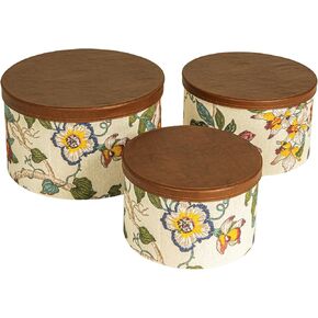 Household Essentials 3-Piece Hat Box Set with Faux Leather Lids, Scroll Pattern