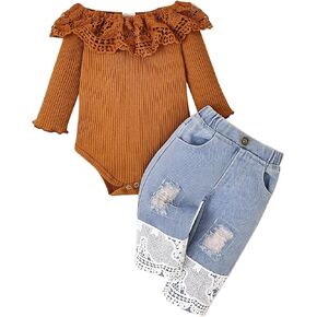 Tikoubabe Baby Girl Clothes Toddler Outfit Infant White Lace Romper Long Sleeve + Jeans Pants Clothing Set