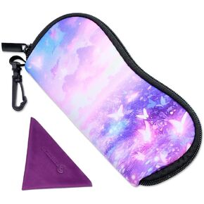 PERFECTSIGHT Kawaii Glasses Case, Neoprene Zipper Eyeglass Case with Clip, Cute Soft Sunglasses Travel Pouch for Women Kids