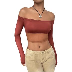 SOLY HUX Women's Contrast Mesh Crop Tops Off Shoulder Long Sleeve Slim Fitted Tee T Shirts