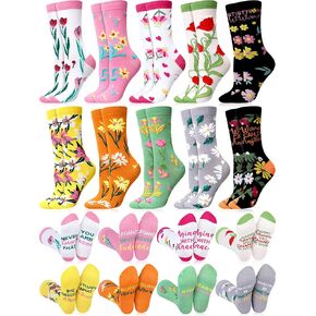 Cutecrop 10 Pairs Flower Socks for Women Plant Socks with Inspirational Words Novelty Socks Floral Patterned Colorful Funny Cute Casual Dress Crew Socks for Valentine's Day Mother's Day Birthday Gift