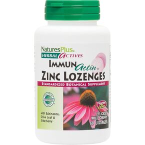 NaturesPlus Herbal Actives ImmunActin - 60 Zinc Lozenges, Pack of 2 - Wild Cherry Flavor - Supports Immune Health - with Echinacea, Elderberry & Olive Leaf - Gluten Free - 120 Total Servings