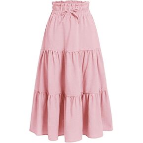 SweatyRocks Girl's Casual Solid Drawstring Waist Ruffle Hem Midi Skirt A Line Skirts