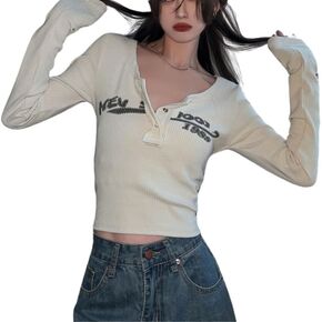 jupkem Y2k Tops for Women Graphic Crop Top Aesthetic Fitted Long Sleeve Y2k Sexy Corset Shirt Korean Streetwear Fall Clothes