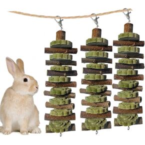 kathson 2PCS Bunny Chew Toys for Teeth Grinding, Chinchilla Treats Organic Bamboo Sticks Natural Fruitwood Branches for Rabbits Guinea Pigs Hamsters (Fruitwood Sticks+Alfalfa Cakes)