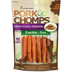 Pork Chomps Baked Pork Skin Dog Chews, 5-inch Mini Twists, Real Sweet Potato Wrap, 12 Count