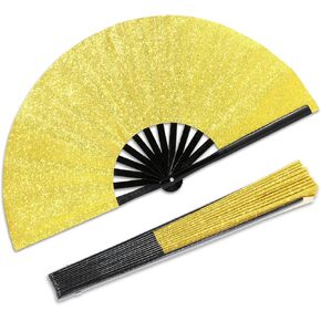 Qyeahkj Glitter Black Hand Fan for Men Women Large Folding Hand Fan Rave Clack Handheld Fan Chinese Tai Chi Kung Fu Fan Foldable Fabric Fan Decorative Folding Fan for EDM Club Party Dance Performance in Kuwait