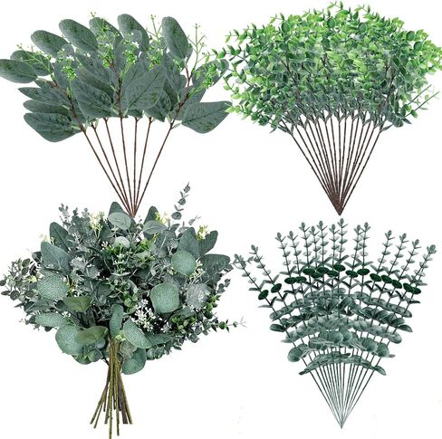 32 Pcs Mixed Artificial Eucalyptus Leaves Stems Fake Eucalyptus Leaves Sprays Silver Dollar Eucalyptus Faux Greenery Branches for Rustic Vase Floral Wreath Bouquets Wedding Decoration(Novelty) in Kuwait