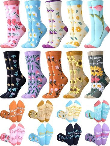 Cutecrop 10 Pairs Womens Flower Socks Colorful Dress Crew Socks Flower Art Funny Pattern Casual Socks Inspirational Socks for Women Christmas Birthday New Year Mother's Day Gift in Saudi Arabia