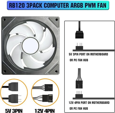 ARGB Fans 120mm PWM Fans 3PACK PC RGB Fans, RB120 PC PWM RGB Fans with 12V 4PIN pwm and 5V-3PIN ARGB Plug, Infinity Mirror ARGB Addressable Lighting - Slient Computer Fans for PC Cooler and Case in Saudi Arabia