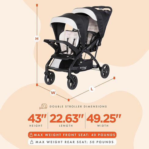 Baby Trend Sit N Stand Double Stroller 2.0 DLX with 5 Point Safety Harness, Canopy, Extra Basket, 2 Cup Holders, and Covered Compartment, Magnolia in Kuwait