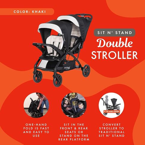 Baby Trend Sit N Stand Double Stroller 2.0 DLX with 5 Point Safety Harness, Canopy, Extra Basket, 2 Cup Holders, and Covered Compartment, Magnolia in Kuwait
