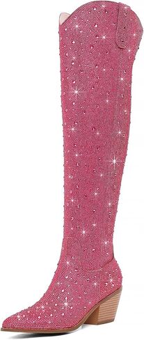 Women Rhinestone Over the Knee Cowboy Boots, Sparkly Bling Cowgirl Boots Western Thigh High Boots Pull-On Side Zippers Chunky Heel Pointed Toe For Concerts, Music Festivals, Parties & Night Out in Saudi Arabia