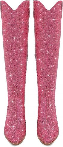 Women Rhinestone Over the Knee Cowboy Boots, Sparkly Bling Cowgirl Boots Western Thigh High Boots Pull-On Side Zippers Chunky Heel Pointed Toe For Concerts, Music Festivals, Parties & Night Out in Saudi Arabia