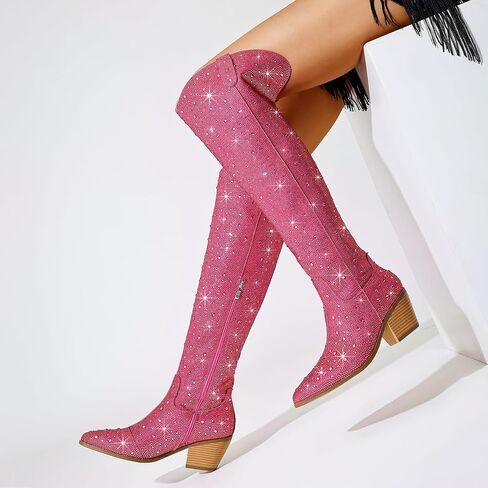 Women Rhinestone Over the Knee Cowboy Boots, Sparkly Bling Cowgirl Boots Western Thigh High Boots Pull-On Side Zippers Chunky Heel Pointed Toe For Concerts, Music Festivals, Parties & Night Out in Saudi Arabia