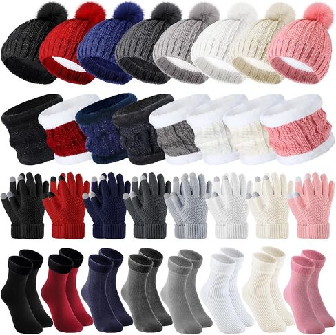 Wesiti 32 Pcs Winter Hat Scarf Gloves Sets Women Warm Satin Lined Knit Ladies Cap Neck Scarf Touch Screen Gloves with Socks for Women Girls in Saudi Arabia